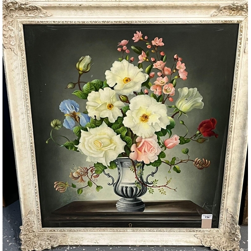 174 - Liscard, still life study of vase of roses in 17th century style. Oils on board. 76x66cm approx. Fra... 