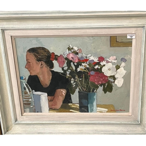 181 - James Mackeown (British born 1961), woman at table with vase of flowers, signed. Oils on canvas. 46x... 