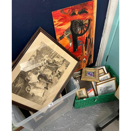 182 - Two boxes of assorted furnishing pictures, prints and mirrors, various.  (B.P. 21% + VAT)