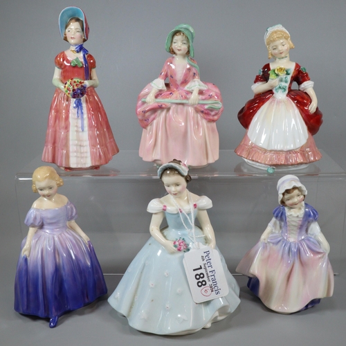 188 - Six Royal Doulton bone china figurines to include: 'Marie', 'Diana', 'The Bridesmaid', 'Bo Peep' etc... 