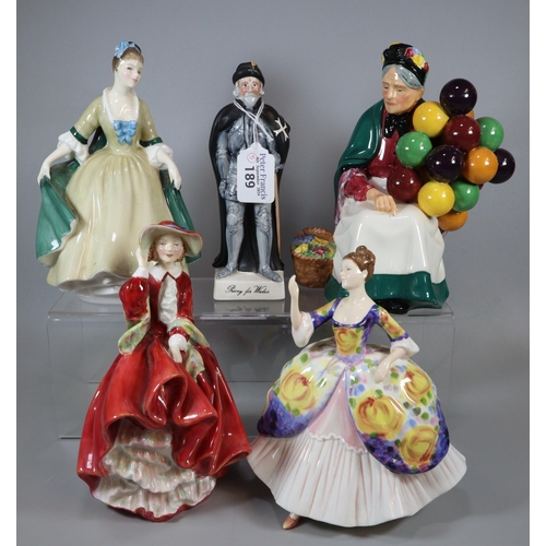 189 - Four Royal Doulton bone china figurines to include: 'Christine', 'Top O' the Hill', 'The Balloon Sel... 