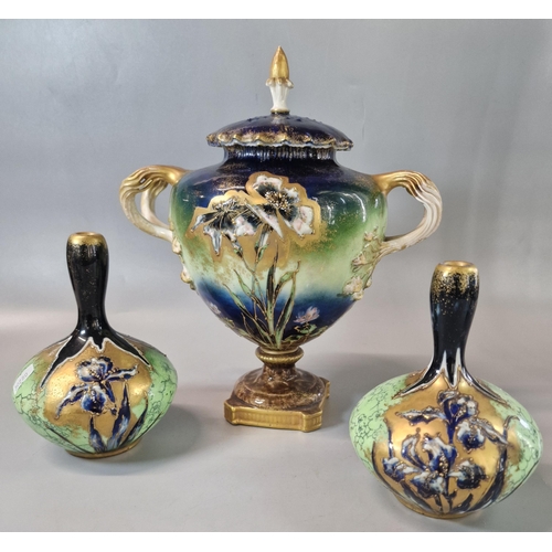 19 - Turn Teplitz - Bohemia, Austrian three piece garniture vase set comprising two handled urn vase and ... 