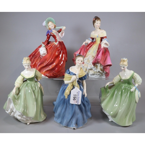 196 - Five Royal Doulton bone china figurines to include: 'Autumn Breezes', 'Southern Belle' etc. (5) (B.P... 