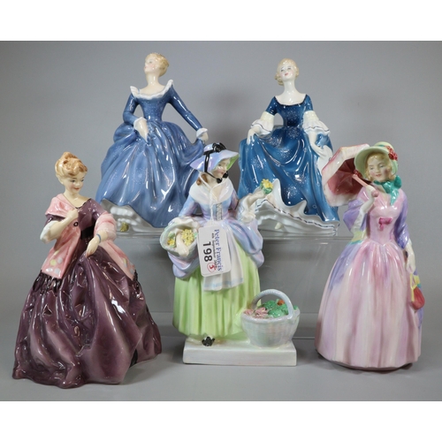 198 - Four Royal Doulton bone china figurines to include: 'Miss Demure', 'Hilary', 'Spring Flowers' etc. t... 