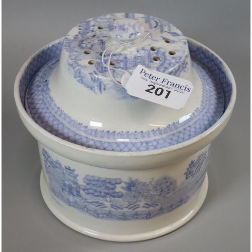 201 - Victorian blue and white transfer printed lidded and pierced potting pot.   (B.P. 21% + VAT)