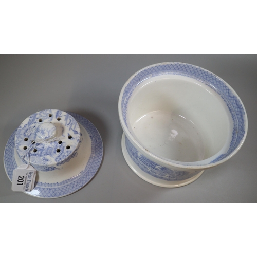 201 - Victorian blue and white transfer printed lidded and pierced potting pot.   (B.P. 21% + VAT)