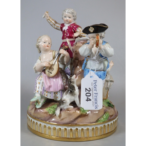 204 - Late 19th century Meissen porcelain figure group of children in a musical band playing flute, tambou... 