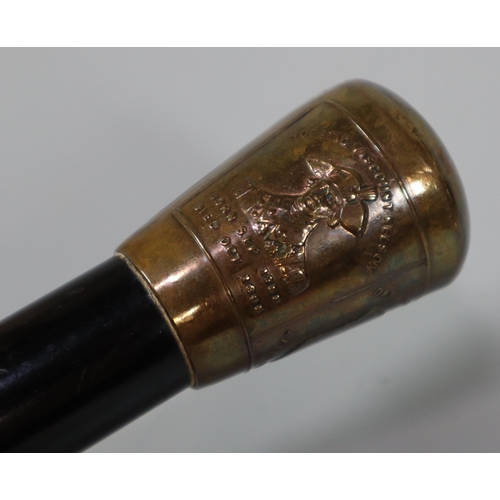 209 - Ebonised walking cane with repoussé brass knop, commemorating Horatio Viscount Nelson.  (B.P. 21% + ... 