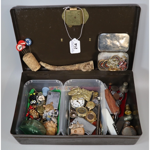 214 - Metal USA strong box comprising assorted oddments to include: pocket watch knives, pocket knives, GB... 