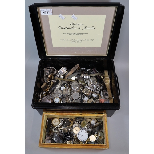 215 - Tin box comprising collection of old watch parts workings, straps, faces etc. (B.P. 21% + VAT)