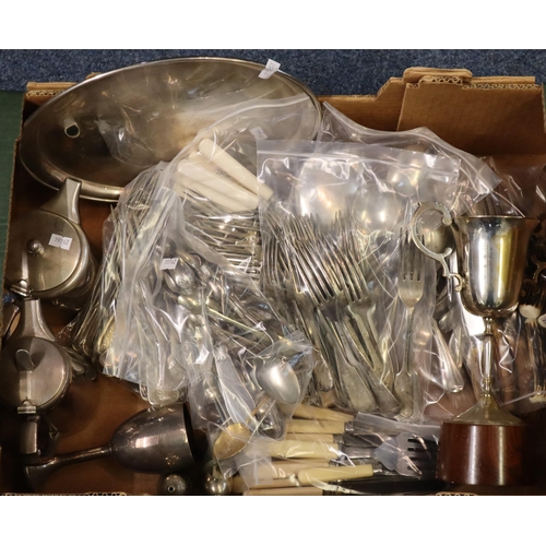 216 - Box of assorted silver plated items: cutlery, horn handled cutlery, sugar tongs, two handled trophy ... 