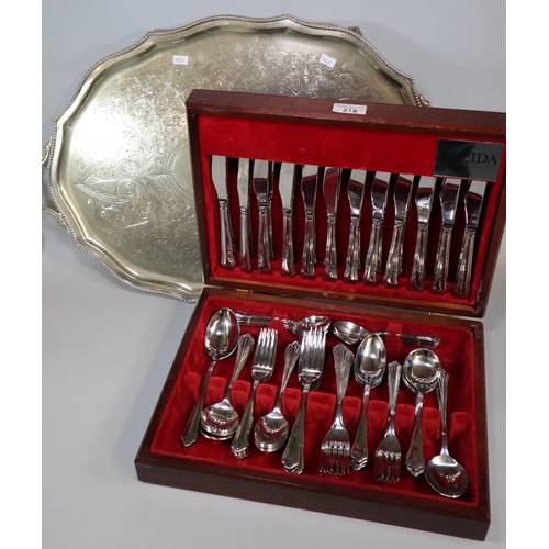 218 - Good quality silver plated two handled engraved tray together with a cased canteen of Oneida cutlery... 