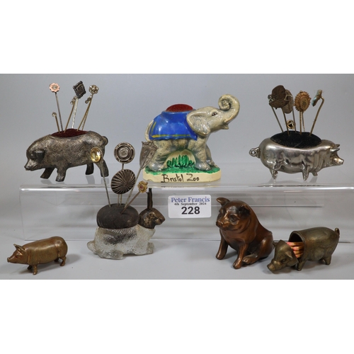 228 - Box file of Edwardian and other animal pin cushions together with various various stock pins includi... 