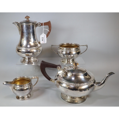 234 - George V silver four piece beaten finish tea service, by Albert Edward Jones of Birmingham, various ... 