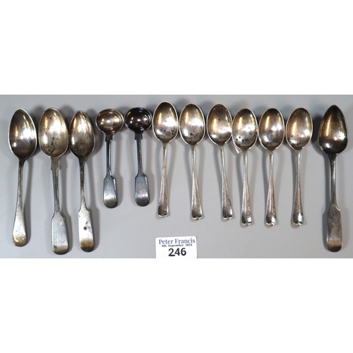 246 - Bag of mainly silver and silver plated spoons, some 19th century, some with Scottish hallmarks. 5.1 ... 