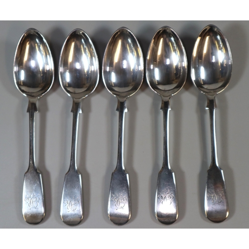 247 - Set of five Victorian silver teaspoons with monograms, Josiah and James Williams, Exeter 1870. 2.85 ... 