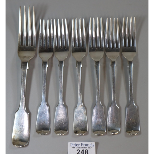 248 - Collection of seven 19th century silver forks, London hallmarks. 11.4 troy oz approx.  (B.P. 21% + V... 