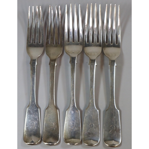 250 - Five 19th century silver forks. 11.9 troy oz approx.  (B.P. 21% + VAT)