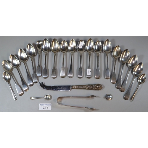 251 - Collection of silver flatware to mainly include spoons and sugar nips. 11 troy oz approx.  (B.P. 21%... 