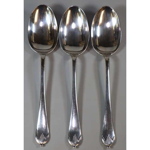 252 - Three George V silver table spoons by Barker Brothers, Chester 1913. 7.5 troy oz approx.  (B.P. 21% ... 