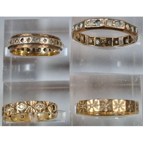 254 - Collection of four 9ct gold full eternity style rings. 10.5g approx. Sizes N, Q, S and M. (4)  (B.P.... 