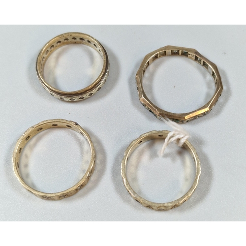 254 - Collection of four 9ct gold full eternity style rings. 10.5g approx. Sizes N, Q, S and M. (4)  (B.P.... 