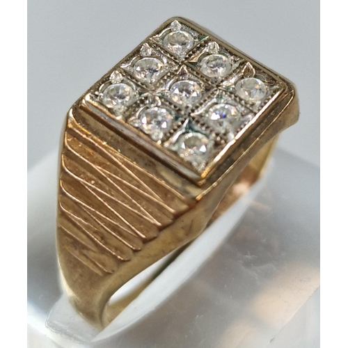 257 - 9ct gold 1970s design nine stone square panel gents ring. 4g approx. Size Q1/2.  (B.P. 21% + VAT)