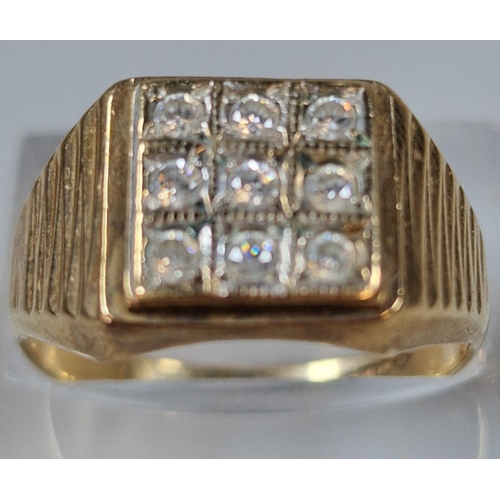 257 - 9ct gold 1970s design nine stone square panel gents ring. 4g approx. Size Q1/2.  (B.P. 21% + VAT)