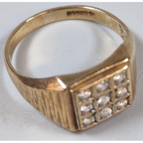 257 - 9ct gold 1970s design nine stone square panel gents ring. 4g approx. Size Q1/2.  (B.P. 21% + VAT)