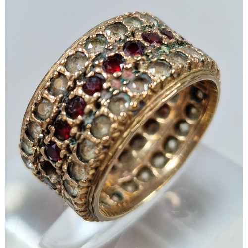 260 - 9ct gold multi cluster red and clear stone dress ring. 7.3g approx. Size N.  (B.P. 21% + VAT)