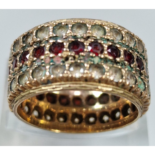 260 - 9ct gold multi cluster red and clear stone dress ring. 7.3g approx. Size N.  (B.P. 21% + VAT)