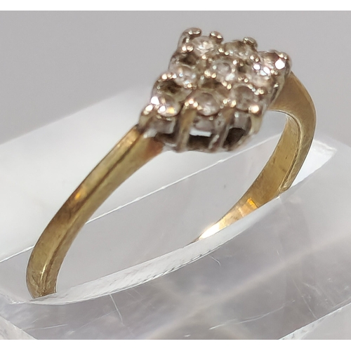 272 - Gold and diamond lozenge shaped cluster ring. Rubbed hallmarks. 1.4g approx. Size H. (B.P. 21% + VAT... 