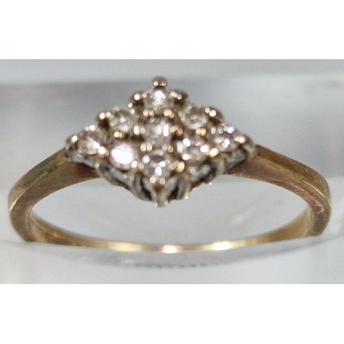 272 - Gold and diamond lozenge shaped cluster ring. Rubbed hallmarks. 1.4g approx. Size H. (B.P. 21% + VAT... 