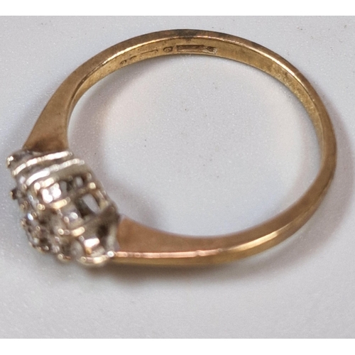 272 - Gold and diamond lozenge shaped cluster ring. Rubbed hallmarks. 1.4g approx. Size H. (B.P. 21% + VAT... 