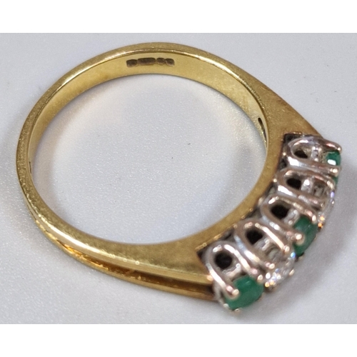 276 - 18ct gold diamond and emerald five stone ring. 3.5g approx. Size M1/2. (B.P. 21% + VAT)