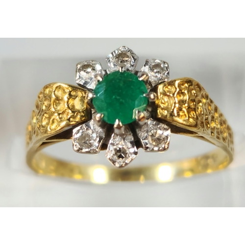 280 - 18ct gold diamond and emerald seven stone flowerhead ring. 3g approx. size M. (B.P. 21% + VAT)