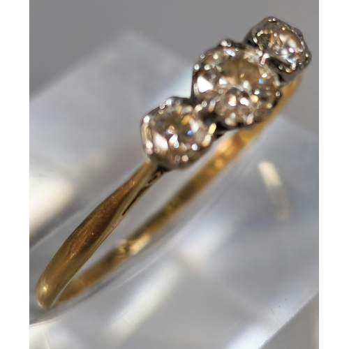 281 - 18ct gold diamond three stone ring. 1.8g approx. Size Q1/2. (B.P. 21% + VAT)