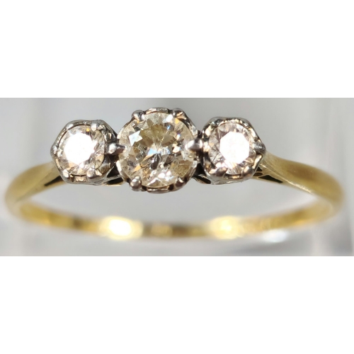 281 - 18ct gold diamond three stone ring. 1.8g approx. Size Q1/2. (B.P. 21% + VAT)