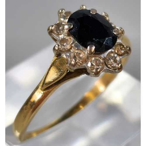 285 - 18ct gold diamond and sapphire cluster ring. 3.5g approx. Size S. (B.P. 21% + VAT)