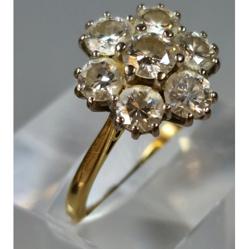 287 - 18ct gold seven stone diamond cluster ring. 4.1g approx. Size O1/2. (B.P. 21% + VAT)