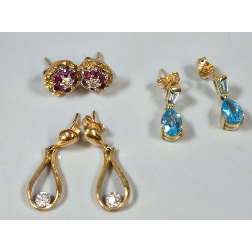 288 - Two pairs of 9ct gold earrings, one with rubies and inset tiny diamond chip (3.6g approx.) together ... 