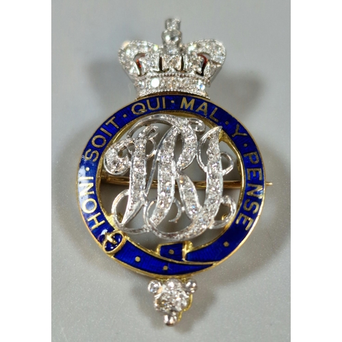 292 - Royal Horse Guards Regimental diamond and enamel brooch, the circular frame reading 'Honi Soit Qui M... 