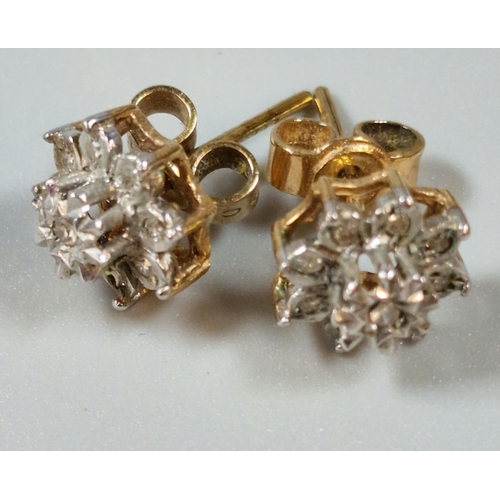 293 - Pair of 9ct gold and diamond flowerhead cluster earrings. 1.7g approx. In fitted box. (B.P. 21% + VA... 