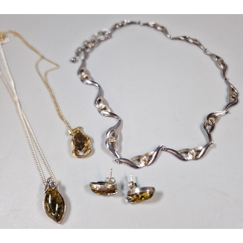 296 - 9ct gold necklace with smokey quartz pendant. 3.9g approx. Together with some silver jewellery: neck... 