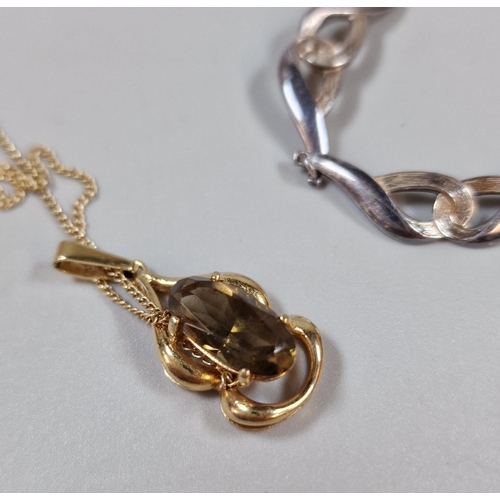 296 - 9ct gold necklace with smokey quartz pendant. 3.9g approx. Together with some silver jewellery: neck... 