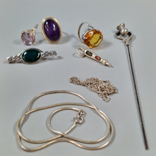 298 - Bag of silver jewellery to include: dress rings with cabochon and other stones, Scottish Dirk pendan... 