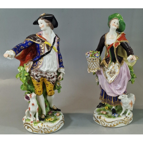 3 - Pair of 20th century continental porcelain figurines in 18th century outfits of a man and a lady as ... 