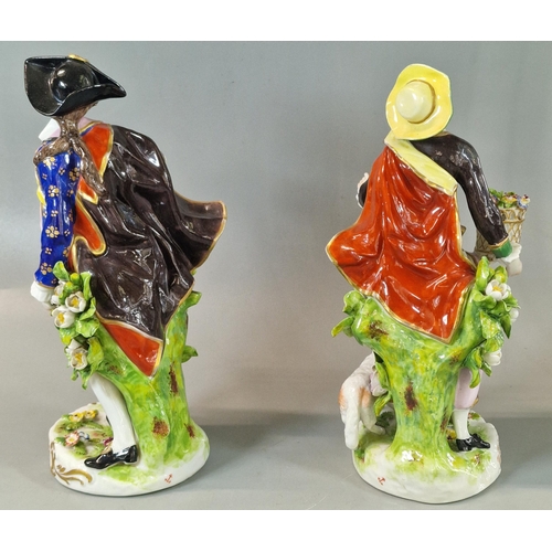 3 - Pair of 20th century continental porcelain figurines in 18th century outfits of a man and a lady as ... 