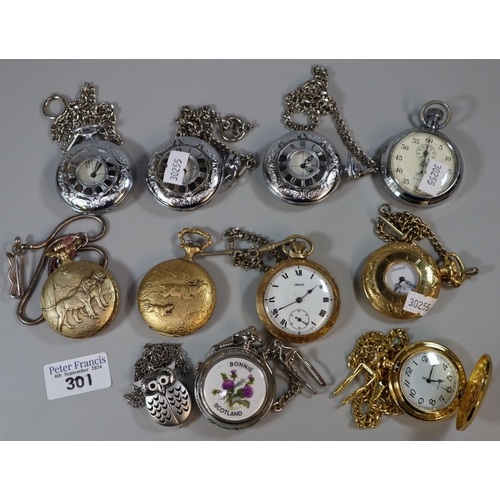 301 - Collection of modern white metal and yellow metal pocket watches, various. (Not gold or silver). (10... 