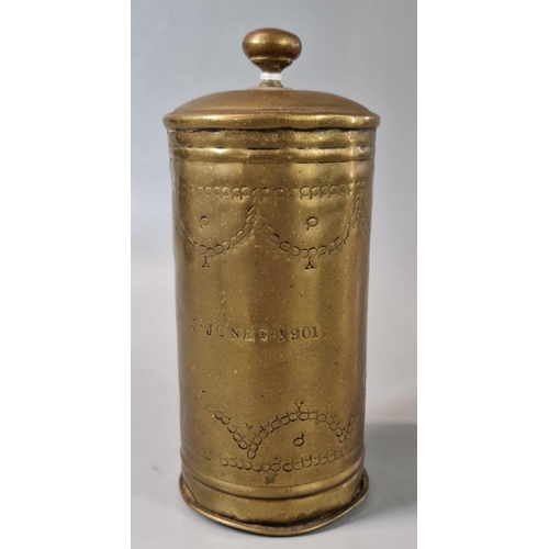 34 - Early 20th century brass tobacco box/jar and cover engraved 'J. Jones 1901'. (B.P. 21% + VAT)